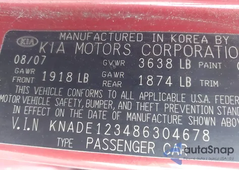 2008 Kia Rio Sx from USA, damaged, VIN KNADE123486304678